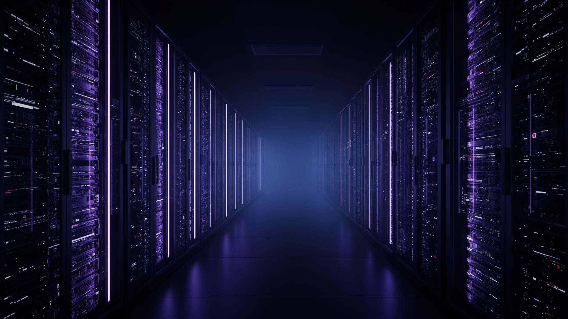 Data center server hall illuminated in indigo